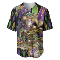 Mardi Gras alligator baseball jersey with glitter-style graphic, short sleeves, buttons