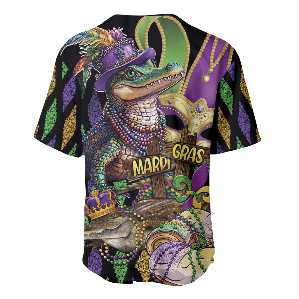 Alligator Mardi Gras baseball jersey, colorful glitter graphic with bead strands, short sleeves
