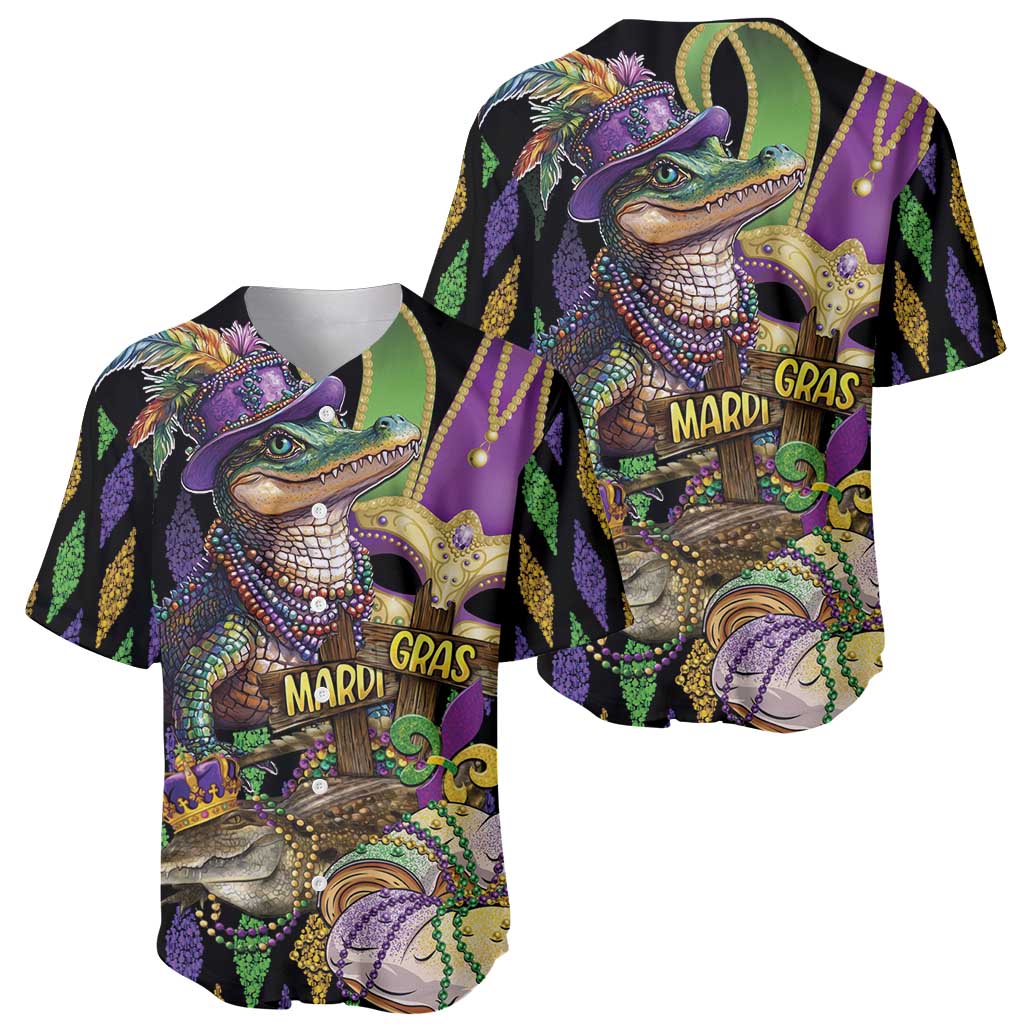 Pair of Mardi Gras alligator baseball jerseys, glitter-style artwork, short sleeves, buttons