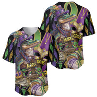 Pair of Mardi Gras alligator baseball jerseys, glitter-style artwork, short sleeves, buttons