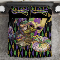 Mardi Gras alligator bedding set with purple-and-gold fleur-de-lis and Mardi Gras graphics, black zigzag