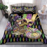 Mardi Gras alligator duvet and pillow set in black with purple, green, and gold fleur-de-lis designs