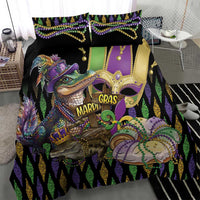 Mardi Gras alligator bedding set showing pillow and duvet art with fleur-de-lis, Mardi Gras sign