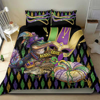 Mardi Gras alligator duvet and two pillows in black with purple zigzag and gold fleur-de-lis ornaments
