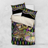 Mardi Gras alligator bedding set, flat-lay view with matching duvet and pillowcases in purple-and-gold
