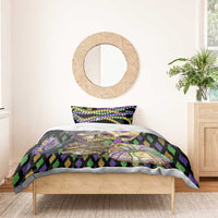 Mardi Gras alligator bedding set with duvet featuring Mardi Gras text, fleur-de-lis, purple and green