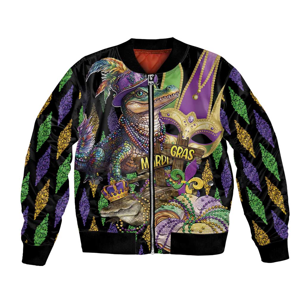 Colorful alligator Mardi Gras bomber jacket with front zipper and ribbed cuffs