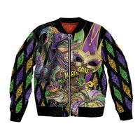 Colorful alligator Mardi Gras bomber jacket with front zipper and ribbed cuffs