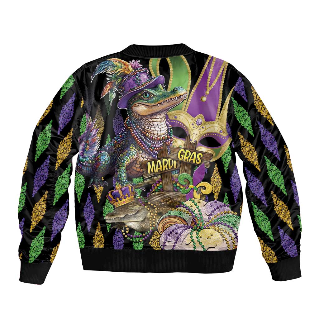 Unisex bomber jacket with colorful alligator Mardi Gras graphic, purple and green