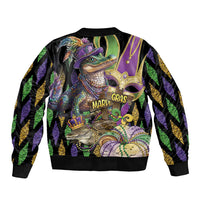 Unisex bomber jacket with colorful alligator Mardi Gras graphic, purple and green