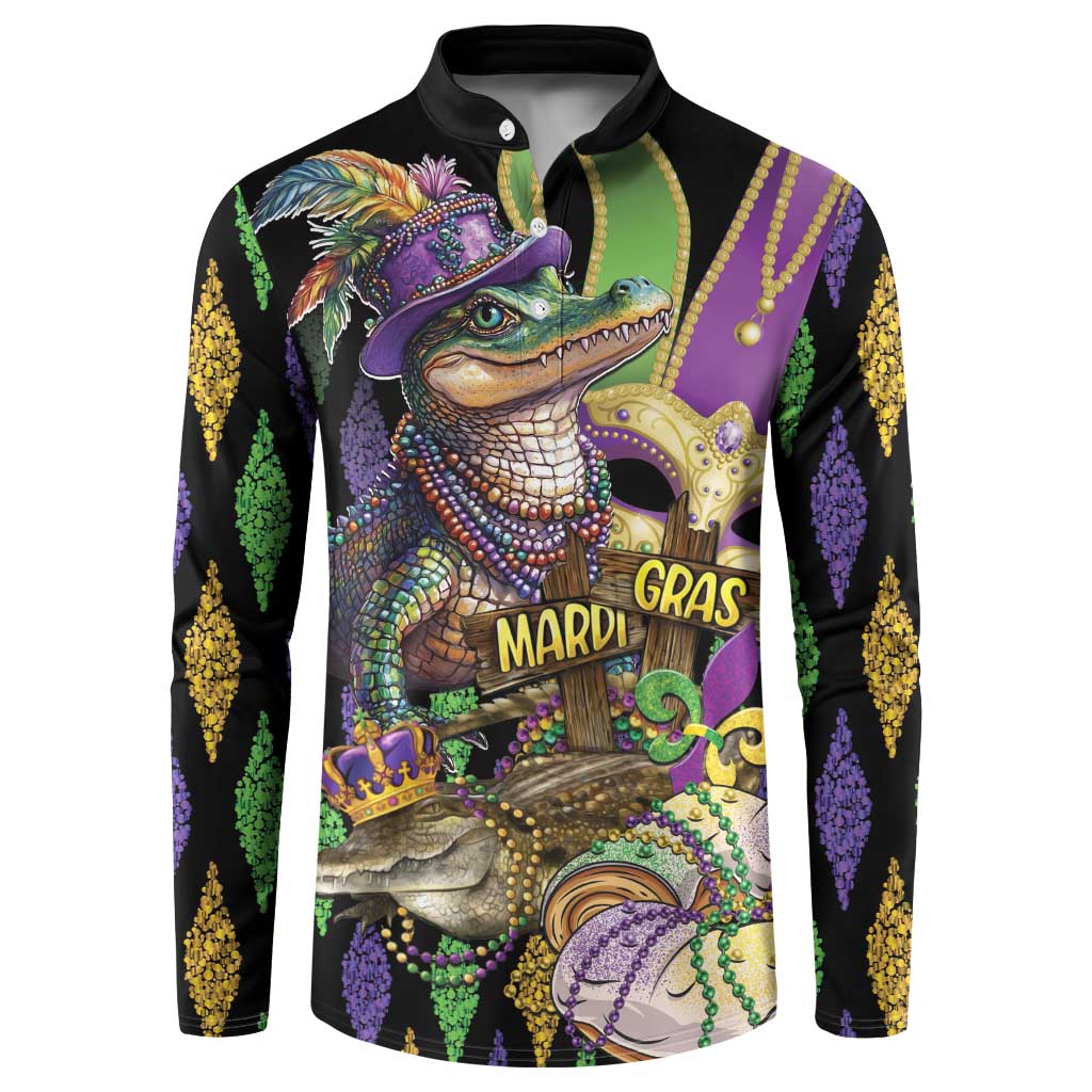 Black long-sleeve sweatshirt with button collar and Mardi Gras alligator graphic