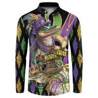 Black long-sleeve sweatshirt with button collar and Mardi Gras alligator graphic