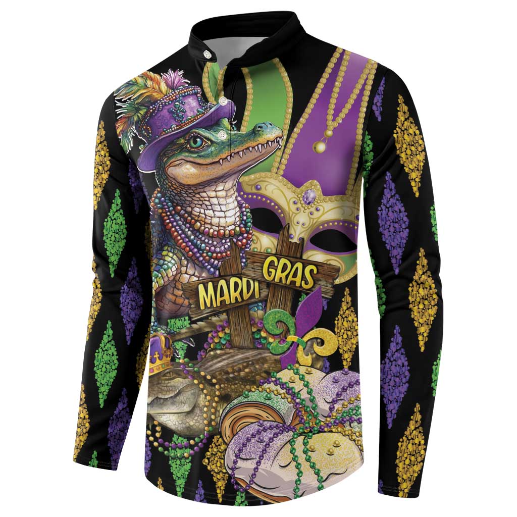 Black long-sleeve sweatshirt with button collar, Mardi Gras alligator graphic, side view