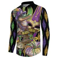 Black long-sleeve sweatshirt with button collar, Mardi Gras alligator graphic, side view