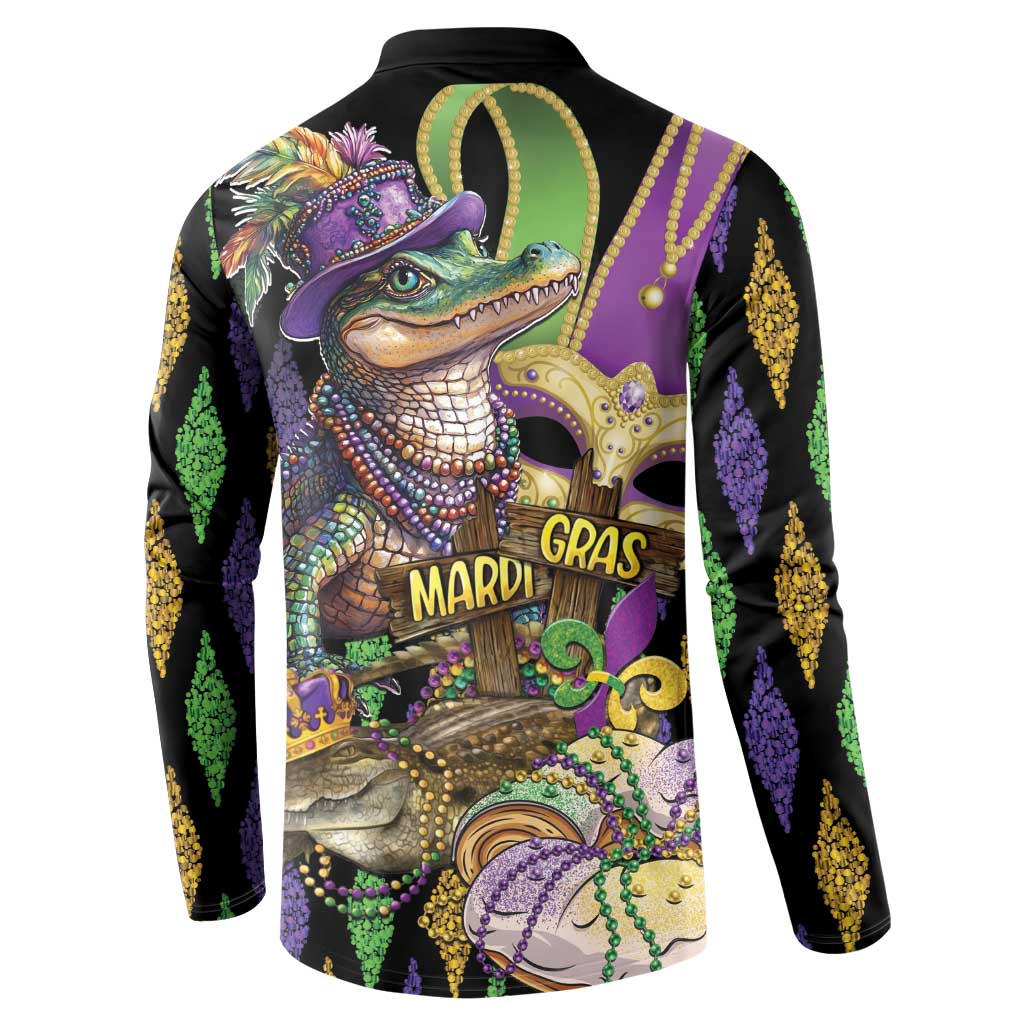 Black long-sleeve sweatshirt with button collar, Mardi Gras alligator graphic on back