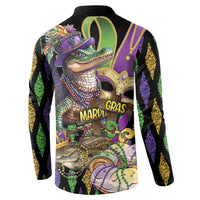 Black long-sleeve sweatshirt with button collar, Mardi Gras alligator graphic on back