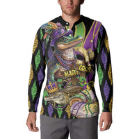 Black long-sleeve sweatshirt with button collar, Mardi Gras alligator front graphic