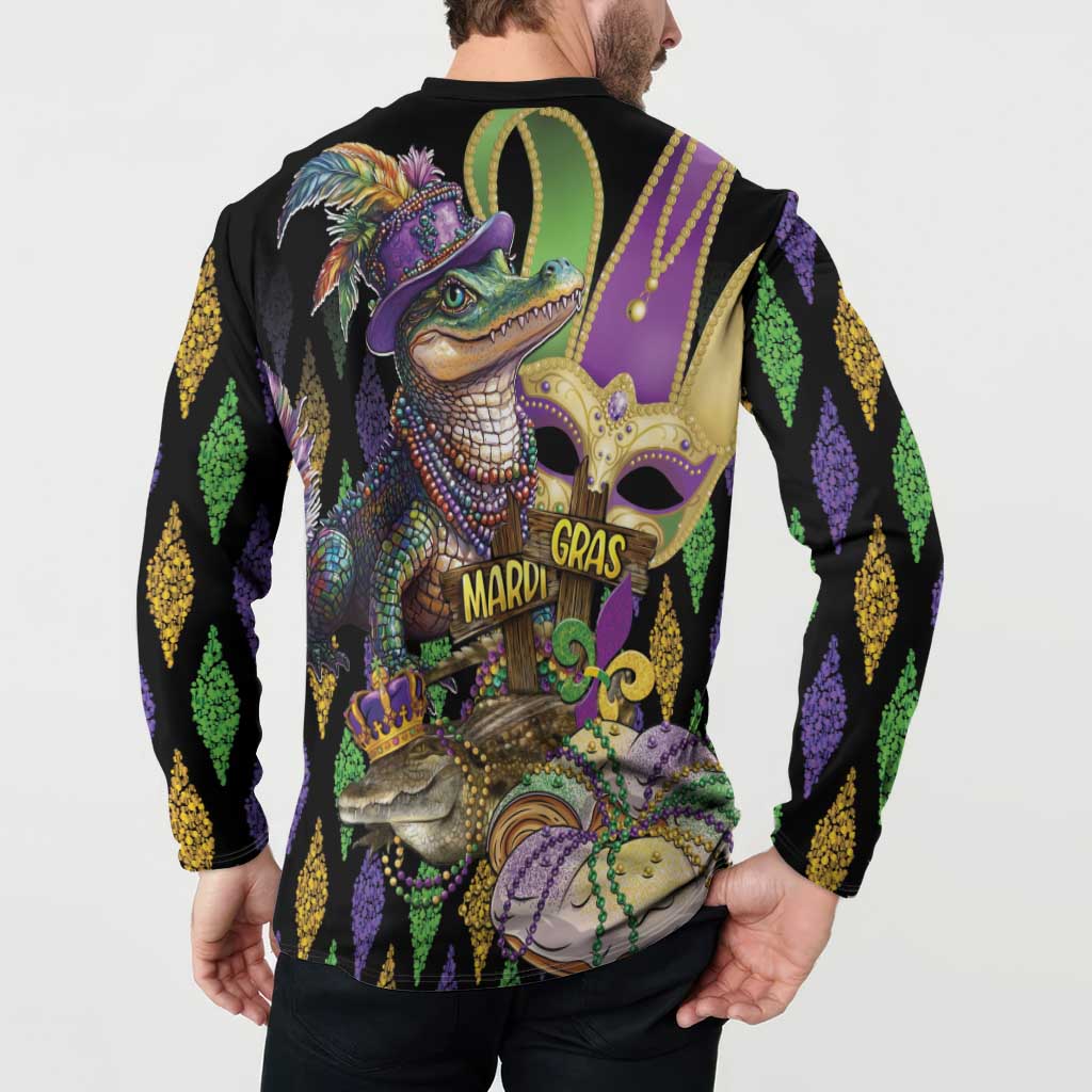 Black long-sleeve sweatshirt with button collar, Mardi Gras alligator graphic, back view