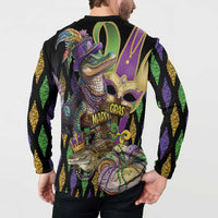 Black long-sleeve sweatshirt with button collar, Mardi Gras alligator graphic, back view