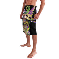 Black Mardi Gras swim shorts with colorful alligator mask and fleur-de-lis design