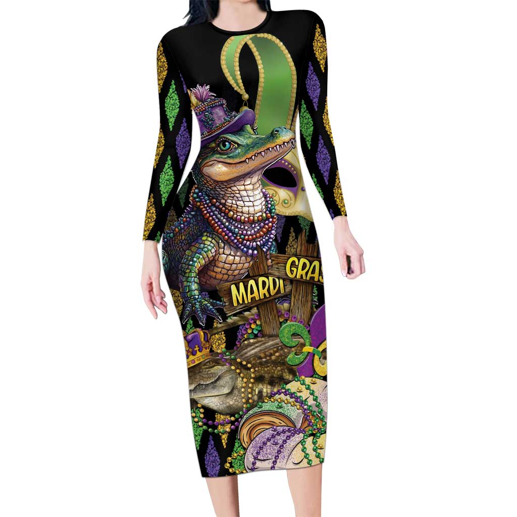 Mardi Gras Alligator Long Sleeve Bodycon Dress Fleur De Lis Glitter Style