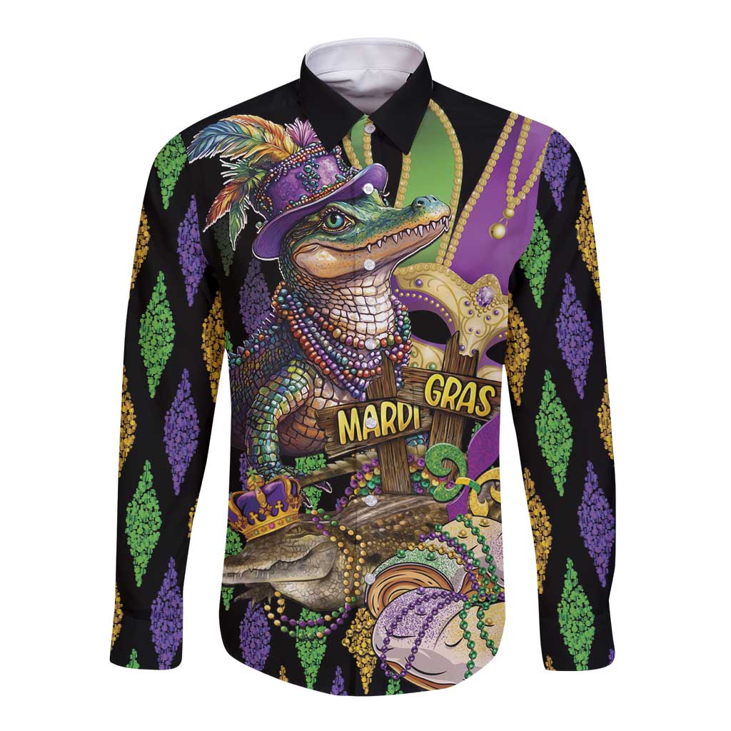 Long sleeve button shirt with colorful Mardi Gras alligator front graphic