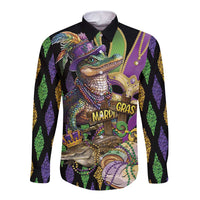 Long sleeve button shirt with colorful Mardi Gras alligator front graphic