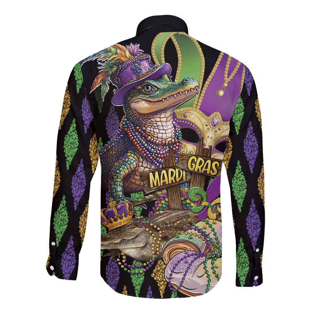 Long sleeve button shirt, angled view, colorful Mardi Gras alligator front graphic
