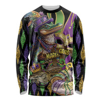 Unisex long-sleeve graphic shirt with alligator Mardi Gras design and glitter beads