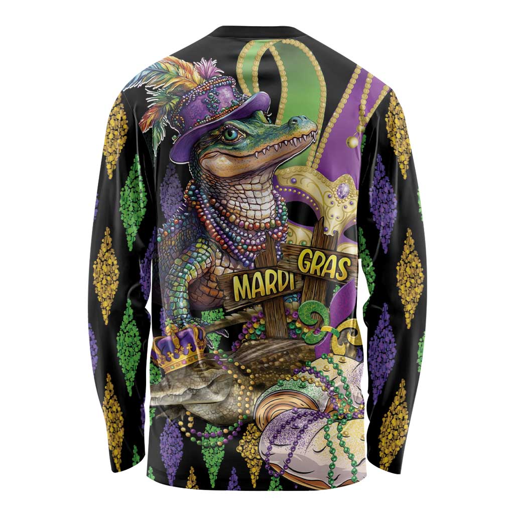 Unisex long-sleeve graphic shirt with alligator Mardi Gras design, purple and green