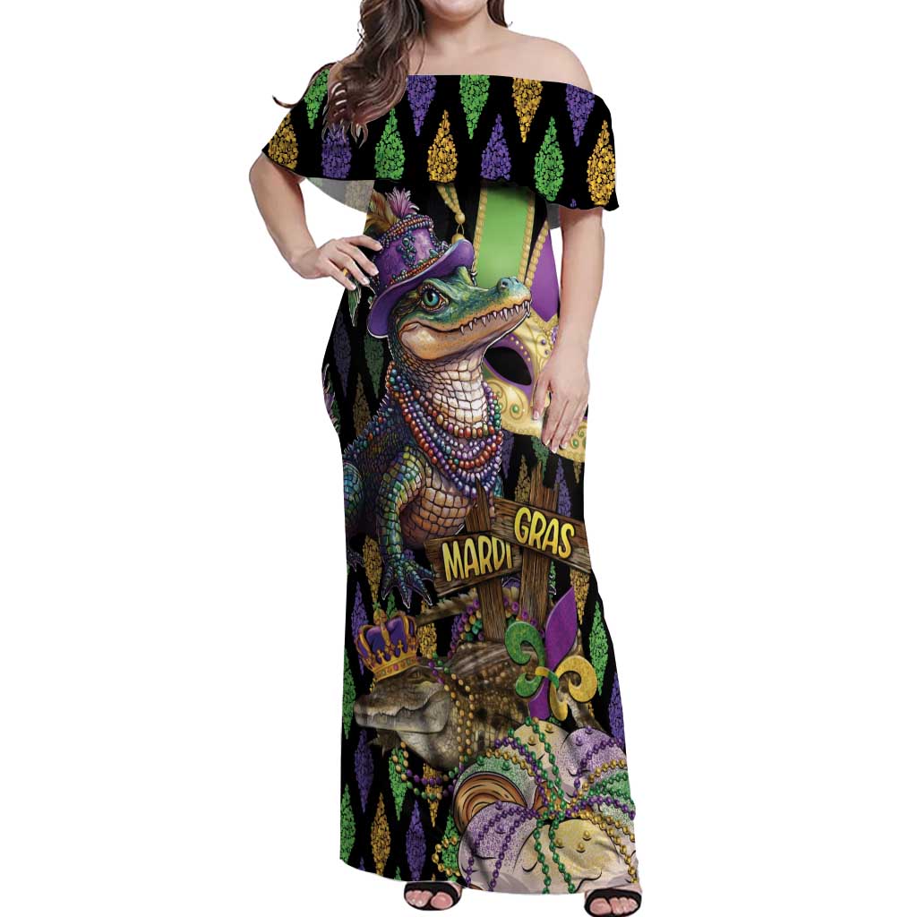 Mardi Gras Alligator Off Shoulder Maxi Dress Fleur De Lis Glitter Style - Wonder Print Shop