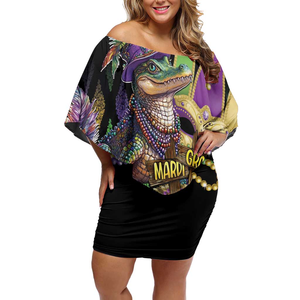 Mardi Gras Alligator Off Shoulder Short Dress Fleur De Lis Glitter Style - Wonder Print Shop