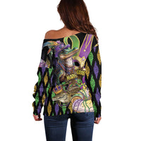 Women’s off-shoulder sweater, back view, Mardi Gras alligator graphic with zigzag pattern