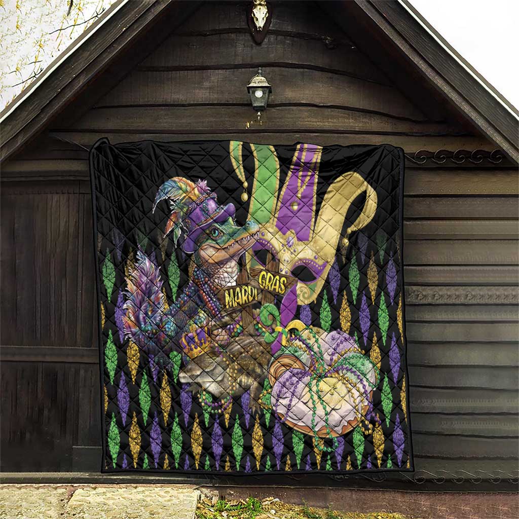 Black outdoor display quilt with alligator and fleur-de-lis graphic, purple and green accents