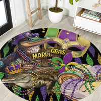 Round alligator Mardi Gras rug with glitter effect, fleur-de-lis, purple and green decor