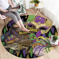 Round alligator Mardi Gras rug with glitter effect, fleur-de-lis and gold, purple, green
