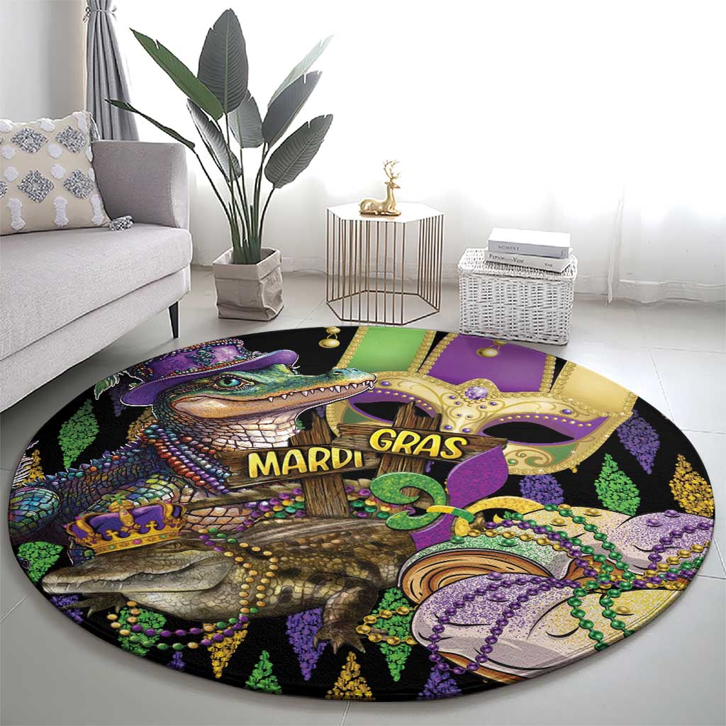 Round Mardi Gras alligator rug with glitter-style fleur-de-lis, centered "MARDI GRAS" text