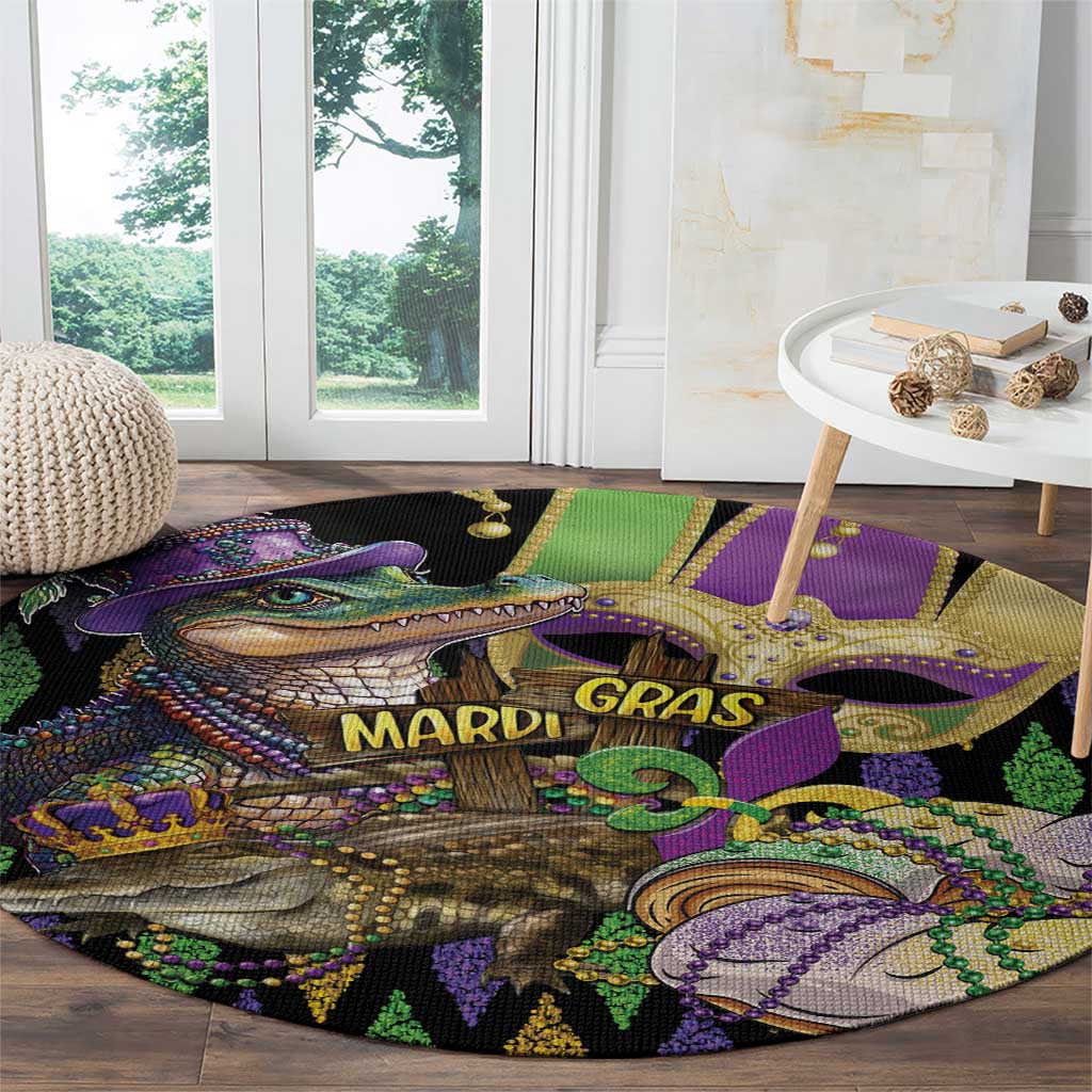 Round alligator Mardi Gras rug with glitter-style fleur-de-lis, vivid purple and green design