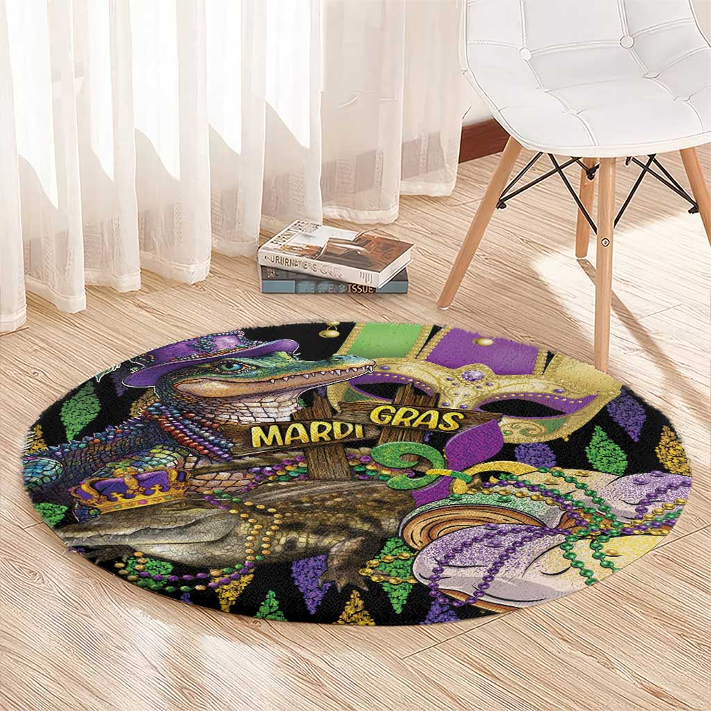 Round alligator Mardi Gras rug with glitter-style fleur-de-lis, purple, green and gold pattern