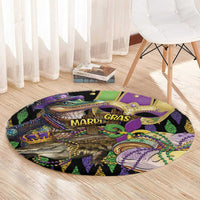 Round alligator Mardi Gras rug with glitter-style fleur-de-lis, purple, green and gold pattern