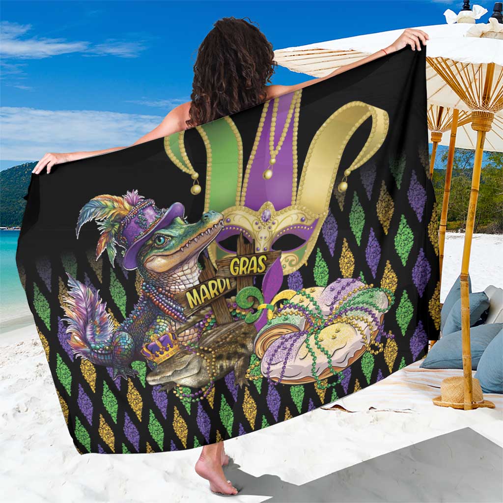Mardi Gras alligator sarong with fleur-de-lis glitter print, black purple green and gold