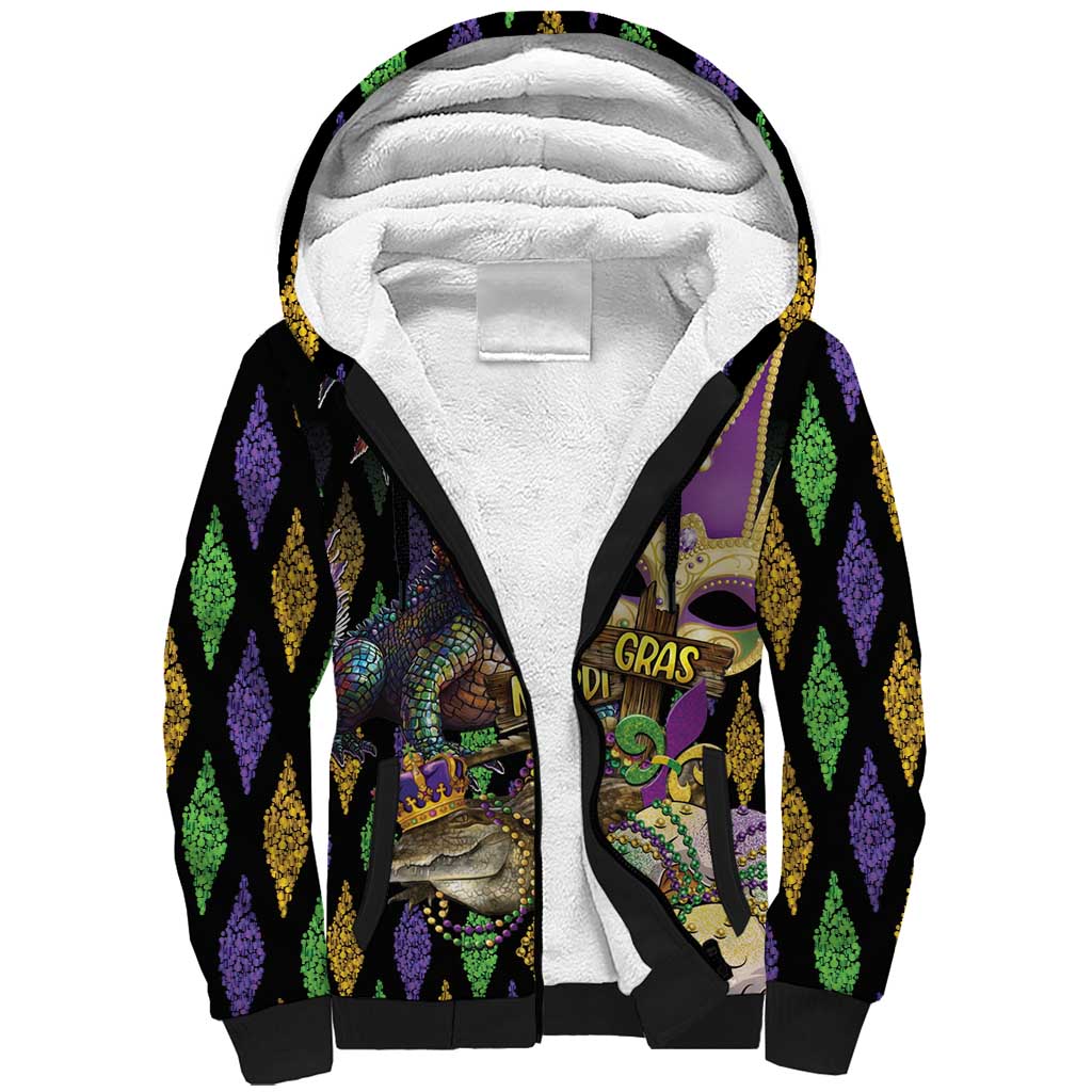 Mardi Gras Alligator Sherpa Hoodie Fleur De Lis Glitter Style - Wonder Print Shop