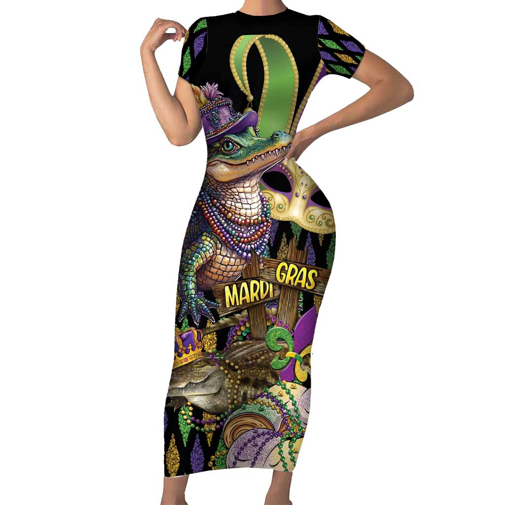 Mardi Gras Alligator Short Sleeve Bodycon Dress Fleur De Lis Glitter Style - Wonder Print Shop