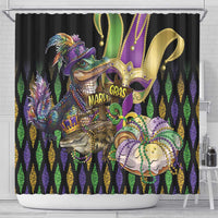 Mardi Gras alligator shower curtain showing Mardi Gras text, masks, beads and fleur-de-lis