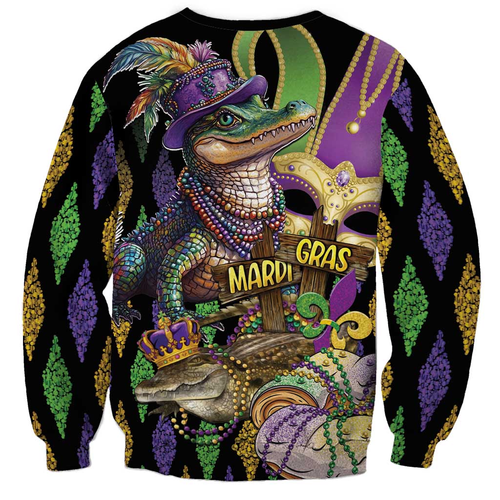 Alligator Mardi Gras sweatshirt, 'GRAS' graphic, purple green gold fleur-de-lis trim
