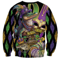 Alligator Mardi Gras sweatshirt, 'GRAS' graphic, purple green gold fleur-de-lis trim