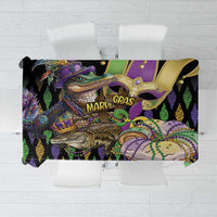Mardi Gras alligator tablecloth, purple green gold fleur-de-lis accents and Mardi Gras text