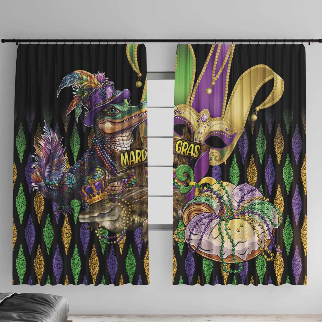 Alligator window curtain panels with fleur-de-lis glitter design, black with purple, green, gold