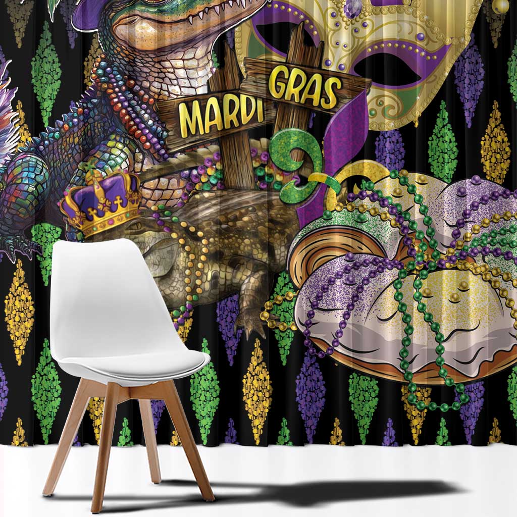 Close-up of alligator fleur-de-lis window curtain print with glittery purple and green highlights on black