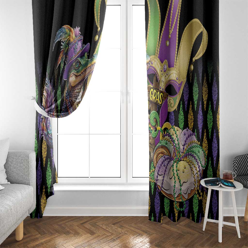 Alligator window curtain panels with fleur-de-lis glitter print, draped over a white-framed door